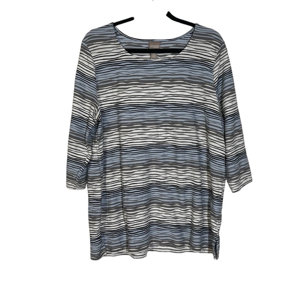 Chico’s Striped Blouse Textured Blue White Black 3/4 Sleeve Size XL 3 - Picture 1 of 7